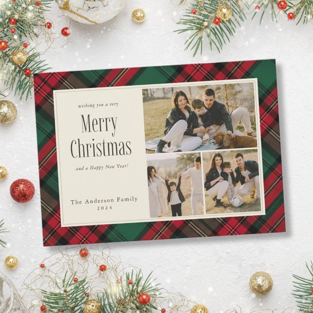 Feliz Navidad Elegante Green Red Plaid 3 Fotos (Merry Christmas Elegant Green Red Plaid 3 Photos Holiday Card)