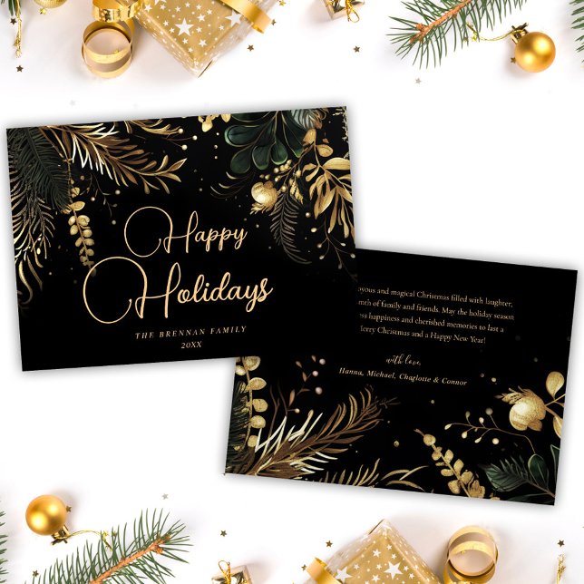 Feliz Navidad Elegante Oro Festividad Verde (Merry Christmas Elegant Gold Festive Greenery Holiday Card)