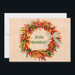 Feliz Navidad en el suroeste de Chile<br><div class="desc">Este diseño presenta una colorida corona de pimienta chile atada con un arco de rafia en una vieja pared de adobe. La pintura original se inspiró en los ristras chile y coronas que la artista colgó en su casa en Nuevo México. Las ristras son un símbolo de bienvenida que se...</div>