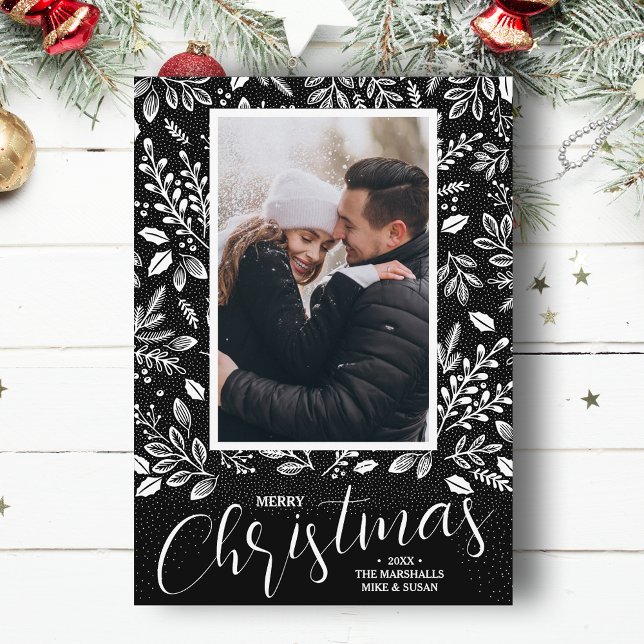 Feliz Navidad en foto negra (White botanicals on black Merry Christmas photo holiday cards, PRINTED and/or INSTANT DOWNLOAD)