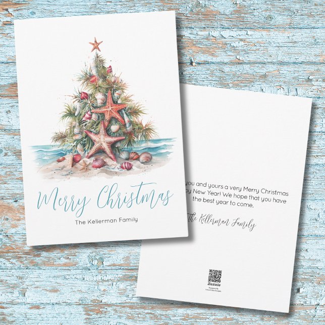 Feliz Navidad en la playa (Shell Beach Merry Christmas Tree Holiday Card)