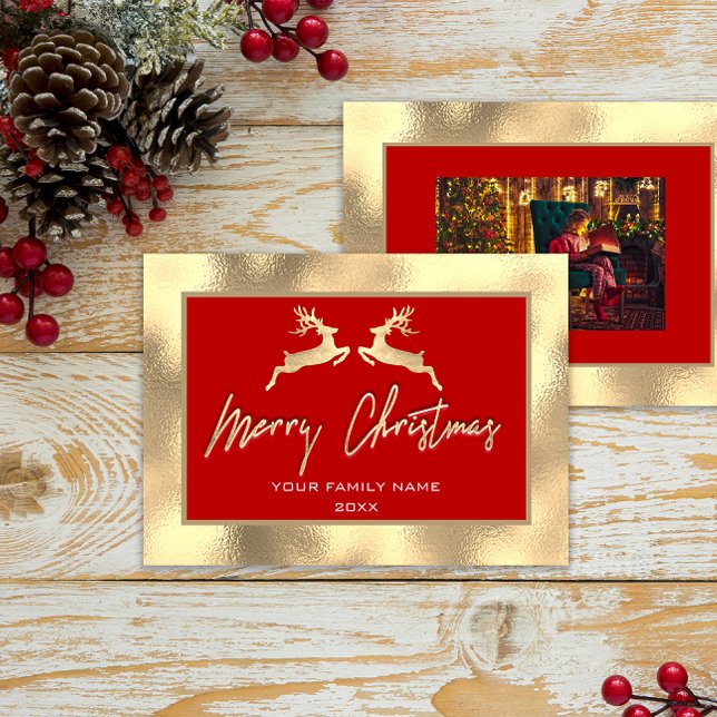 Feliz Navidad Familia de Oro Fotoreno Rojo (Merry Christmas Gold Family Photo Reindeer Red)