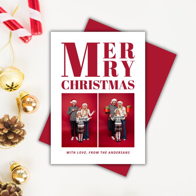 Feliz Navidad Familia Roja Moderna 2 Collage de fo (Merry Christmas Red Family Photos Holiday Card)