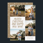 Feliz Navidad Feliz Año Nuevo Año 4 Collage de fot<br><div class="desc">Esta elegante tarjeta de vacaciones de 4 fotos cuenta con un saludo de estilo manuscrito y un collage de fotos. El reverso presenta un patrón de punto flotante. Todos los colores son personalizable.</div>