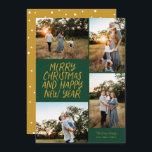 Feliz Navidad Feliz Año Nuevo Año Nuevo 4 Collage<br><div class="desc">Esta elegante tarjeta de vacaciones de 4 fotos cuenta con un saludo de estilo manuscrito y un collage de fotos. El reverso presenta un patrón de punto flotante. Todos los colores son personalizable.</div>