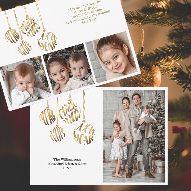 Feliz Navidad Feliz Año Nuevo Cuatro Foto Oro (Faux gold foil typography ornaments - personalized with four photos and your signature.  )