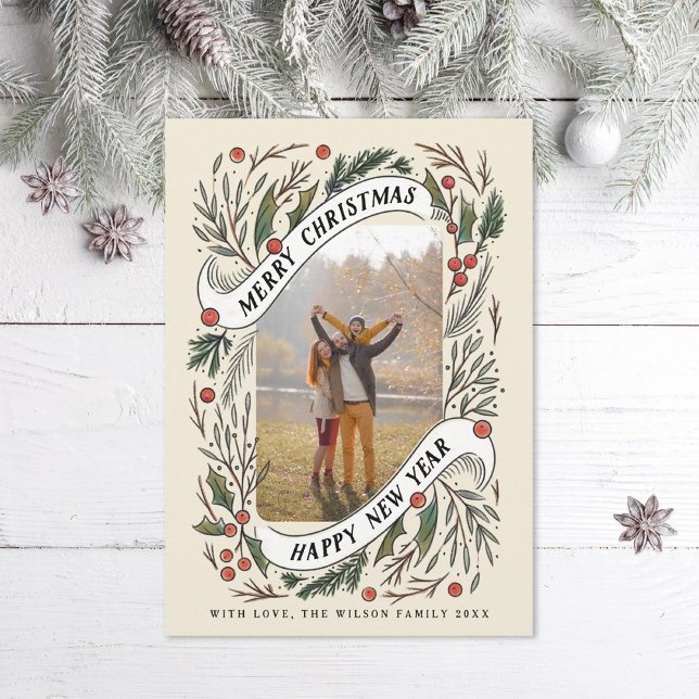 Feliz Navidad Feliz Año Nuevo Pine Holly Foto (Subido por el creador)