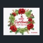 Feliz Navidad Feliz Año Nuevo Wreath White<br><div class="desc">Personalice estas postales vacacionales modernas con color de fondo en blanco y Wreath Navidades. Feliz Navidad y Feliz Año Nuevo en RED. Agregue el nombre de familia delante o elimine. Atrás de la tarjeta editable con la opción añadir mensaje o borrar al mensaje de escritura a mano.</div>