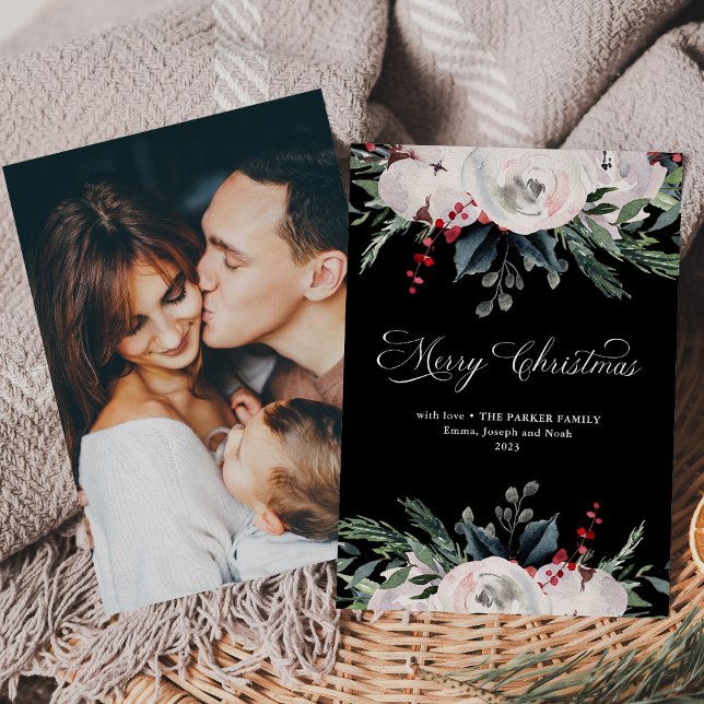 Feliz Navidad | Flores acuáticas Foto de negro (An elegant Christmas invitation with holiday flowers on a black background, and your photo on back)