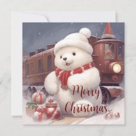 Feliz Navidad - Fluffy Polar Bear and Train Card