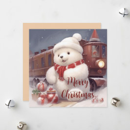 Feliz Navidad - Fluffy Polar Bear and Train Card
