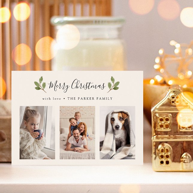 Feliz Navidad | Foto Botánica Tres Minimalista (A photo grid Christmas card with elegant botanical leaves)