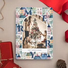 Feliz Navidad Foto de Arco de Casas Acuarela Azul