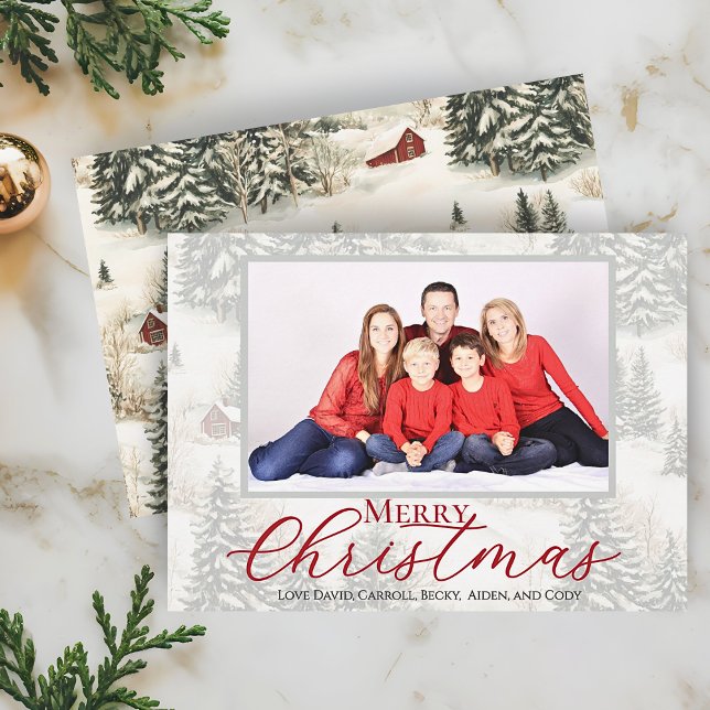 Feliz Navidad Foto Familiar Rústica del Bosque (Rustic Winter Woodland Family Photo Christmas Card. Personalize with your Picture and Names)