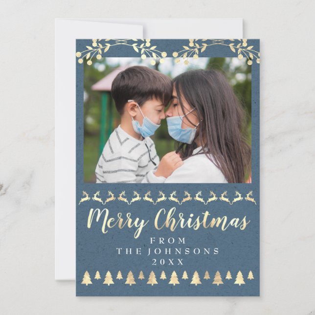 Feliz Navidad Foto Gold Smoky Blue Kraft Moderno (Anverso)
