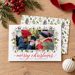 Feliz Navidad Foto Greenery Acuarela Roja