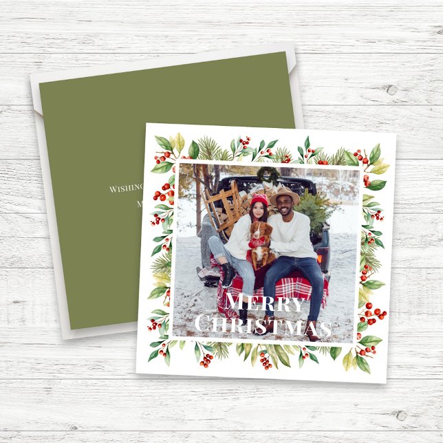 Feliz Navidad Foto Verde Botánico de Red Holly (Christmas Photo Card with watercolor red holly berries greenery and simple square template.)