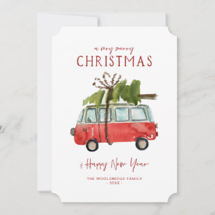 Feliz Navidad Furgoneta Roja Acuarela