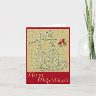 Feliz Navidad Gato con campanas. Rojo y oro