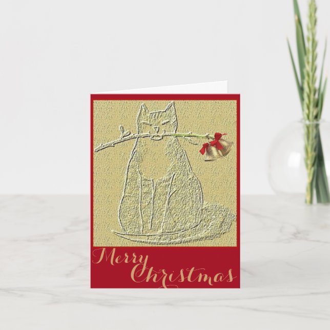 Feliz Navidad Gato con campanas. Rojo y oro (Anverso)