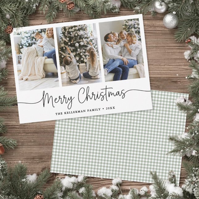 Feliz Navidad Gingham Verde Foto Minimalista  (Merry Christmas Green Gingham Minimalist Photo Holiday Card )