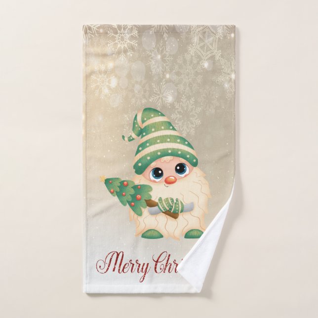 Feliz Navidad, Gnomo, Pino, Copos de Nieve (Toalla de mano)