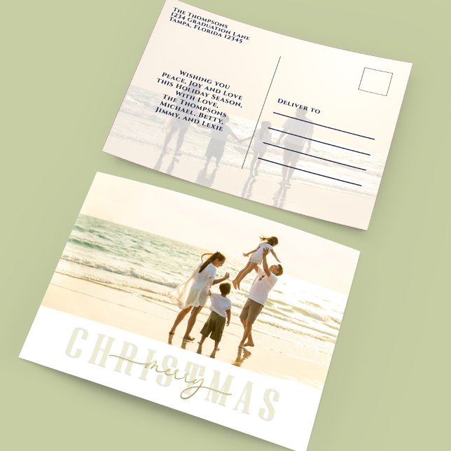 Feliz Navidad Gold Elegante caligrafía 2 Foto (Merry Christmas elegant gold two photo template postcard. )