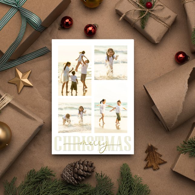 Feliz Navidad Gold Elegante caligrafía 5 Foto (Completely editable template, add your own photos, and create an eye-catching photo postcard.)