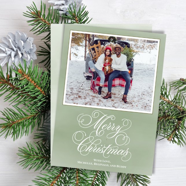 Feliz Navidad Green Elegant Script (Merry Christmas fancy calligraphy script vertical photo card. )