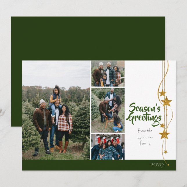 Feliz Navidad Green Gold Stars Collage de fotos (Anverso / Reverso)