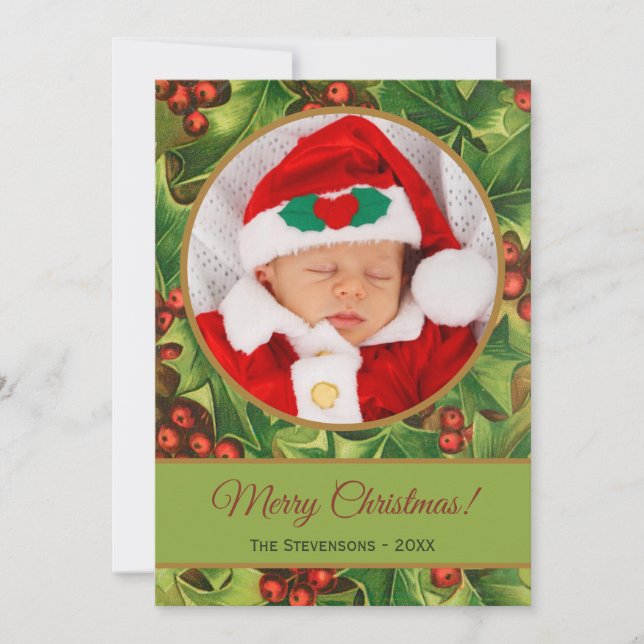 Feliz Navidad Green Holly Red Script Baby Photo (Anverso)