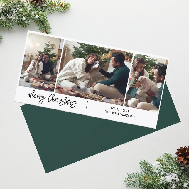 Feliz Navidad guión moderno 3 Collage de fotos (3 Photos Christmas Holidays Script Greetings Card)