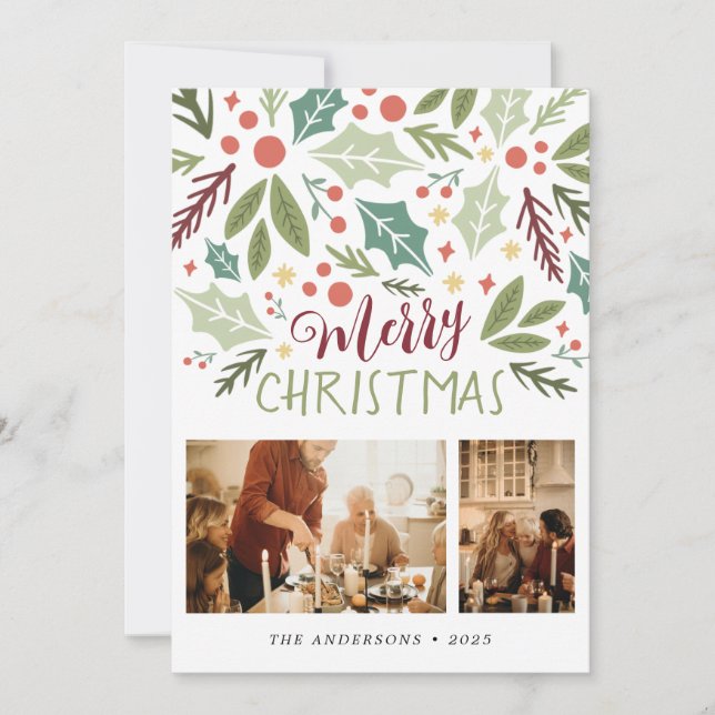 Feliz Navidad Holly Berry Foliage Dos fotos (Anverso)