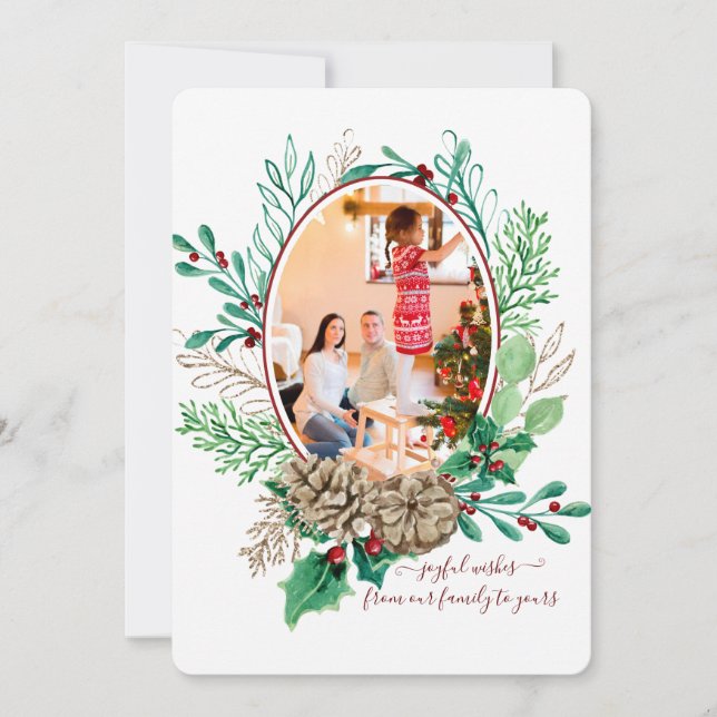 Feliz Navidad Holly Berry Pine Cone Wreath Foto (Anverso)