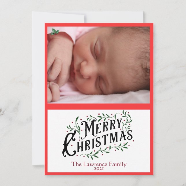 Feliz Navidad Holly Leaves Y Berries Foto (Anverso)