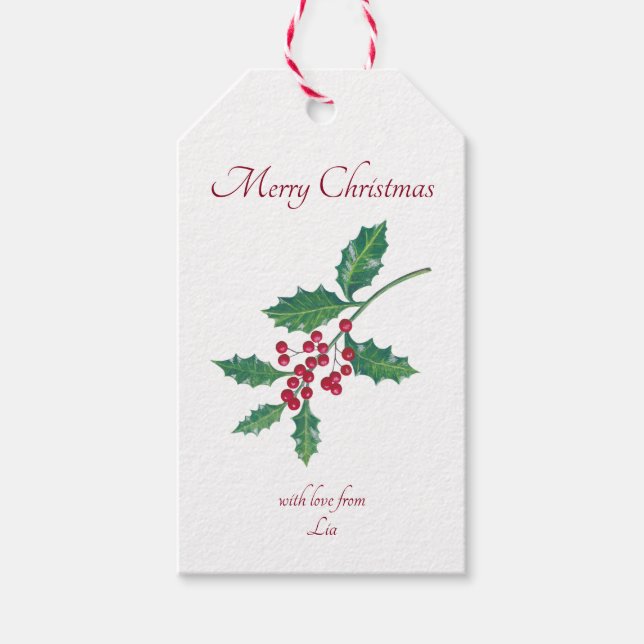 Feliz Navidad Holly Red Green Gift Etiqueta (Anverso)