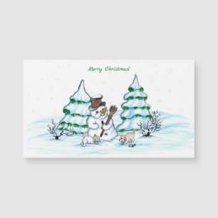 ¡Feliz Navidad! Hombre de nieve con gato y cachorr