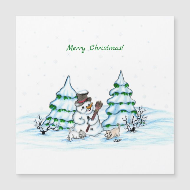 ¡Feliz Navidad! Hombre de nieve con gato y cachorr (Anverso)
