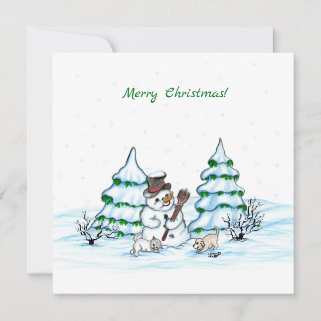 ¡Feliz Navidad! Hombre de nieve con gato y cachorr (Anverso)