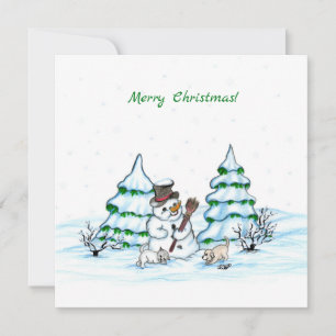 ¡Feliz Navidad! Hombre de nieve con gato y cachorr