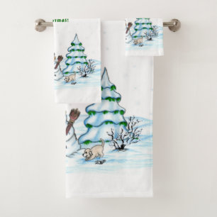 ¡Feliz Navidad! Hombre de nieve con gato y cachorr