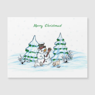 ¡Feliz Navidad! Hombre de nieve con gato y cachorr