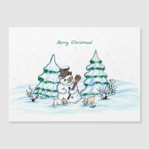 ¡Feliz Navidad! Hombre de nieve con gato y cachorr