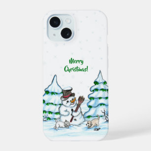 ¡Feliz Navidad! Hombre de nieve con gato y cachorr