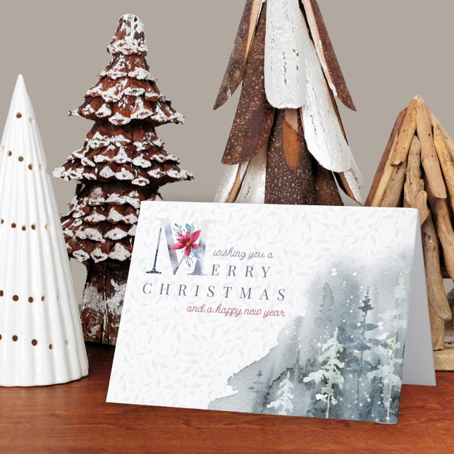 Feliz Navidad Invierno Foliage Watercolor Forest (Elegant Christmas & New Year Card. Buy professionally printed or as a printable digital download.)