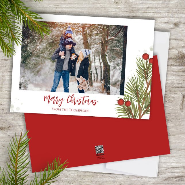 Feliz Navidad Invierno Red Holly Berries 1 Foto (Merry Christmas watercolor greenery holiday photo card template. )