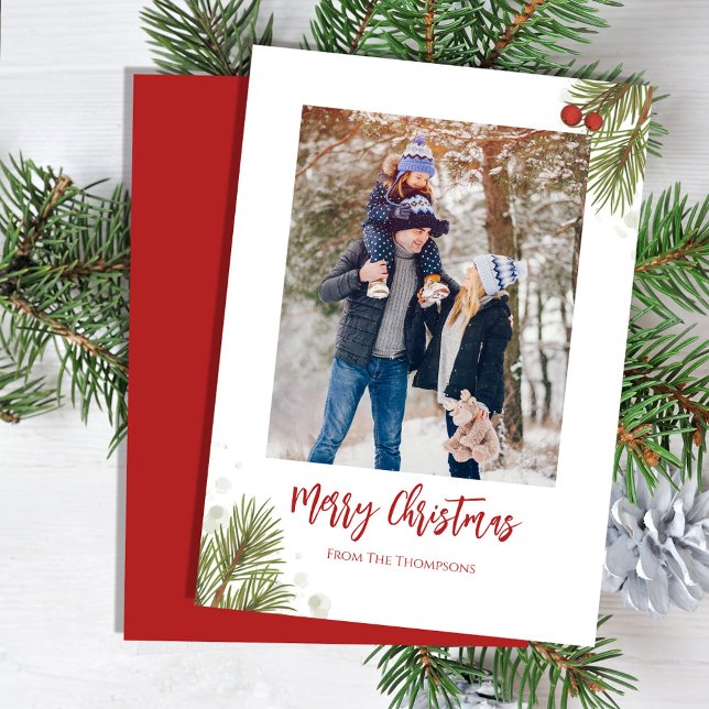 Feliz Navidad Invierno Red Holly Berries 1 Foto (Merry Christmas cute calligraphy script holiday greenery photo greeting card)