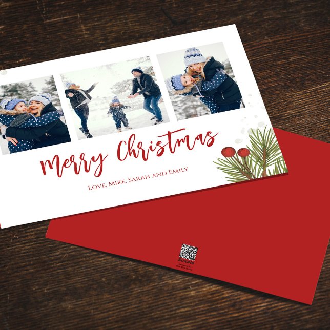 Feliz Navidad Invierno Red Holly Berries 3 Foto (Merry Christmas watercolor greenery holiday photo card with a three-photo template. )