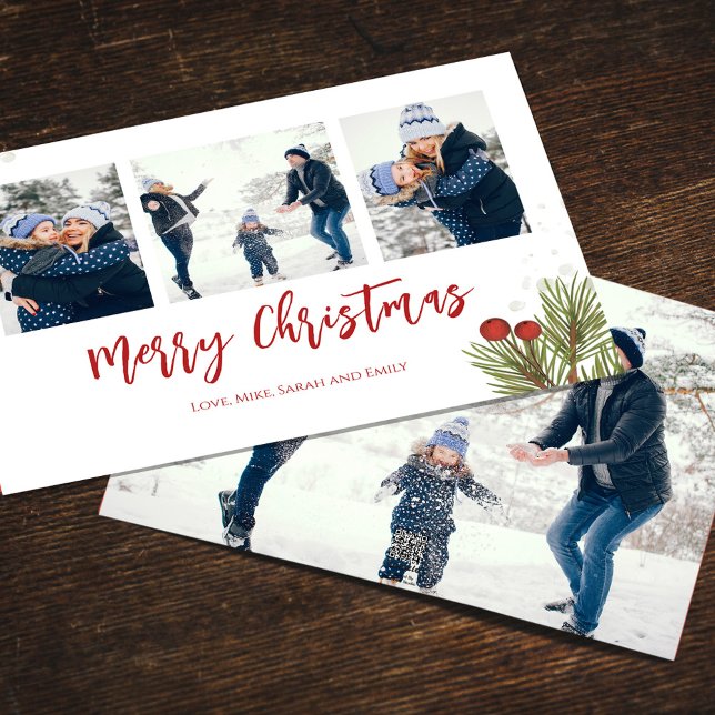 Feliz Navidad Invierno Red Holly Berries 4 Foto (Merry Christmas watercolor greenery holiday photo card with a four-photo template. )