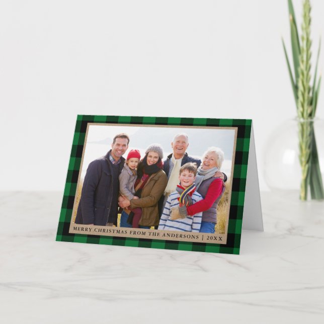 Feliz Navidad Kraft Green Tartan Photo Fold (Anverso)